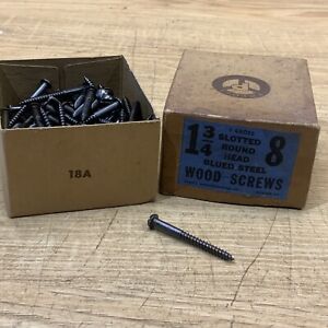 110 NOS #8 x 1-3/4 Blued Steel Round Head Wood Screws w/ Box Slotted USA