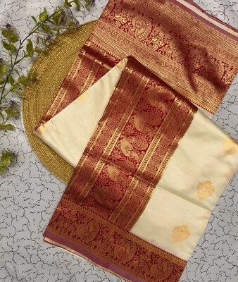 Sari de seda Kanjivaram suave puro Banarasi para mujer con pieza de blusa para boda Foto 1 de 4