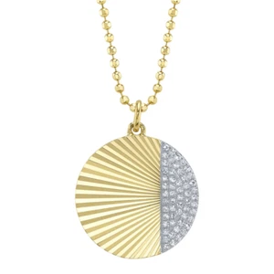 Fluted Rippled 14K Yellow Gold Diamond Necklace Circle Pendant 0.12 CT - Picture 1 of 2