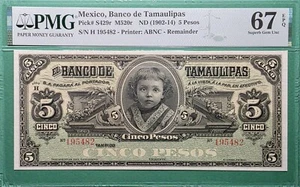 1902-14 MEXICO 5 PESOS P#: S429r M520r PMG 67 EPQ SUPERB GEM UNC TOP POP! - Picture 1 of 3