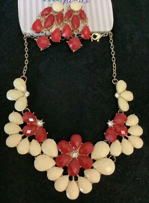 J49 RUBÍ ROJO MARFIL CREMA FLORAL LUJO PÉTALOS COLLAR CADENA ORO CONJUNTO DE JOYAS Foto 1 de 4