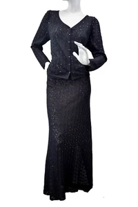 Vintage ST. JOHN Evening Knit Cardigan Jacket Maxi Skirt 14 16 Black Paillette - Picture 1 of 11