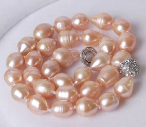 Real Genuine Big 10-13MM Natural Rice Pink Akoya Pearl Necklace 18" AA - Picture 1 of 4
