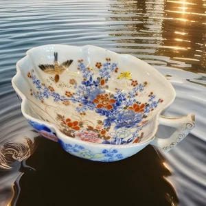Vintage japanische Porzellanschale mit Fuß handbemalt erhaben Gold Bonbonniere floral - Bild 1 von 12