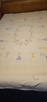 🌸 Винтажное ручное стеганое одеяло венок утренней славы 74 x 92 дюйма ручная стеганая   - Изображение 1 из 4