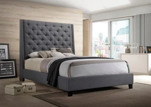 Gray Upholstered Queen Bed with Nailhead Trim - Picture 1 of 5