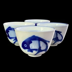 4 Chinese Koi Fish Carp Teacups Blue & White Hand Painted Teacup (set of 4) - Picture 1 of 12