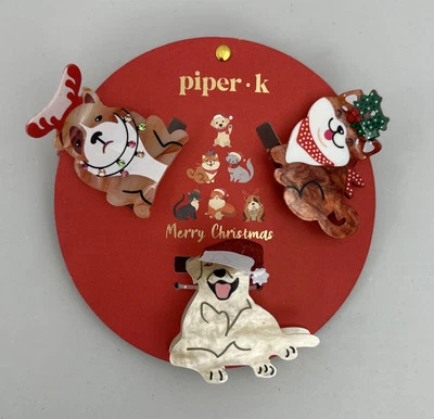 Piper K Christmas Hair Clips 3 Dogs - Lab Santa Hat Corgi Bow Bulldog Antler - Image 1 of 4