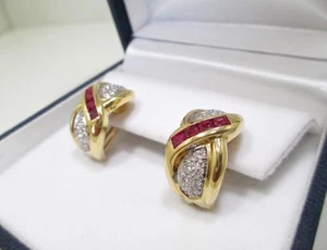 12.4 Gram 18 kt Yellow Gold 0.98 Ctw Diamond & Ruby Omega Back Hoop Earrings - Picture 1 of 8