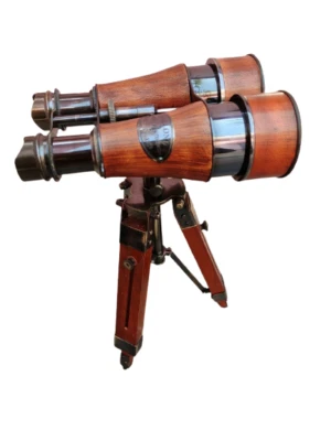 Telescopio grabado binocular de latón náutico cubierto de cuero con soporte para trípode Foto 1 de 4