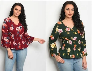 Floral Women Plus Top Blouse Wine Hunter Green Bell Sleeve Empire Waist V Neck - Picture 1 of 6