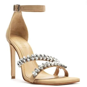 Schutz Stiletto Heel Sandal 10 Square Toe Crystal Embellished Glam Beige Linsey - Picture 1 of 10