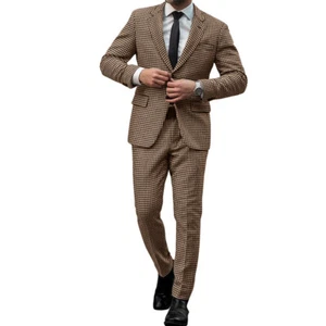 Brown Houndstooth Dogstooth Men's Suit Groom Tuxedo Wedding Prom Leisure Custom - Picture 1 of 10