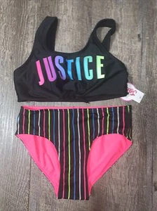 Justice sz 12 neon logo Black bikini Top swimsuit reversible Pink Bottoms - Picture 1 of 5