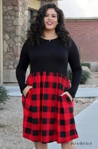 USA New PLUS SIZE Womens SOFT RED BLACK PLAID BABYDOLL DRESS POCKETS 1X 2X - Picture 1 of 5