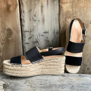 Rag & Bone Edie Black Leather Wedge Jute Espadrille Platform Sandal Sz 37.5, 7.5 - Picture 1 of 13