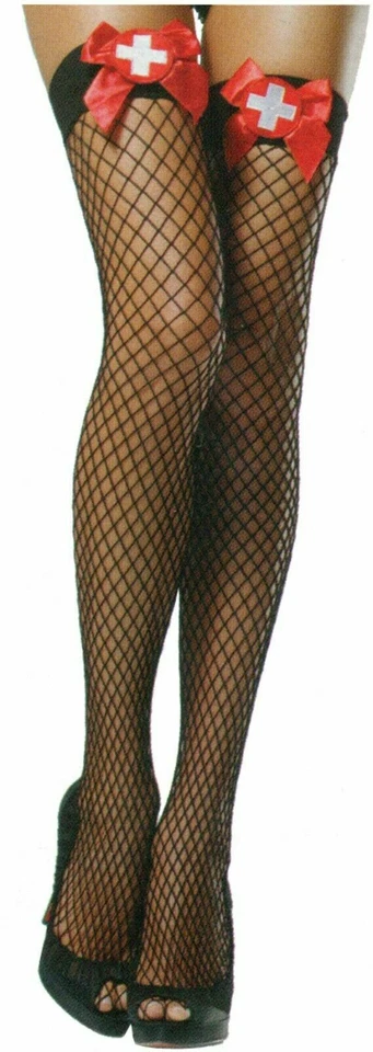 Industrial Net Thigh Highs or Opaque Thigh Highs w/ bow and appliqué Sexy Nurse  - Image 1 of 1