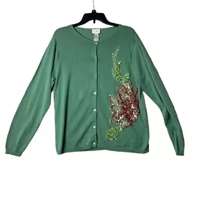 Yi Lin grüne Seidenmischung Strickjacke Pullover Damen mittlere Pailletten Blumenmuster Design - Bild 1 von 7