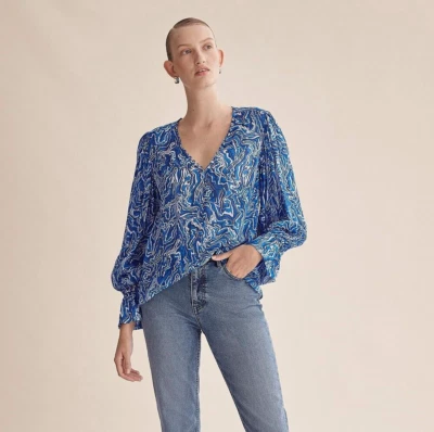 NWT Country Road Print V-Neck Blouse [Size 10] Blue Button Detailing RRP $159 - image 1 of 4