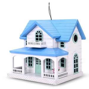 Handmade Wooden Birdhouse Cottage Style Hanging Outdoor Garden Blue Roof House - Picture 1 of 4