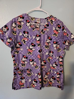 Disney Brand Minnie Mouse Print On Purple Scrub Top  - sz M - Image 1 of 4
