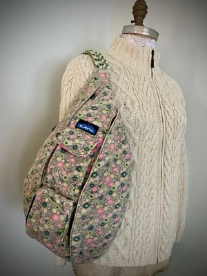 KAVU Rope Sling Bag Lime Green & Pink Floral Blossom Crossbody Backpack Travel - Image 1 of 4