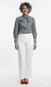 Free Assembly   Tie Neck Office Casual Blouse Long Puff Sleeve Navy Stripe XS - Picture 1 of 5