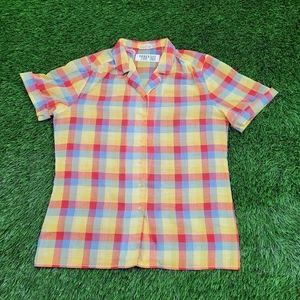 Vintage 70s Colorful Plaid Button Shirt Womens Medium 20x25 Country-Suburbans - Picture 1 of 11
