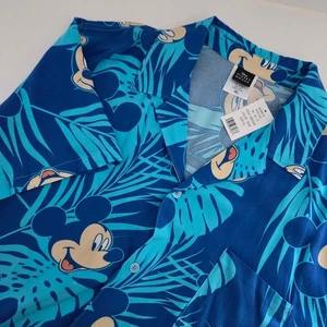 NUOVO Disney Topolino Blu Foglia Tropicale Hawaiana Camicia con Bottoni Uomo XL - Foto 1 di 6