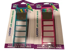 2 Vo-Toys Hanging Plastic Small Bird Cage Ladder Toy Mirror & Beads Pink & Green - Picture 1 of 3