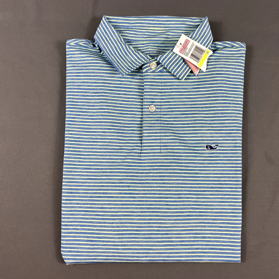 Vineyard Vines Golf Shirt Polo Bradley Striped Medium Blue Polyester Spandex NWT — 第 1/4 张图片