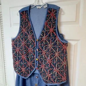 Victoria Jones Vtg 2 Pc Vest Skirt Set Sz 1X~2X Teacher Denim Starburst Weave - Bild 1 von 20