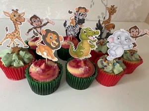 12 safari Animals Cupcake Toppers wild one Birthday Cake Lion Giraffe Monkey - Picture 1 of 5