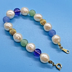 Avon Signed Multi-Color Blue Green-Gold Tone +Faux Pearls Round Bead Bracelet - Picture 1 of 7
