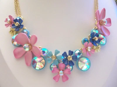 BETSEY JOHNSON LOVELY PINK AND BLUE FLORAL ARRAY DOUBLE CHAIN  NECKLACE - Image 1 of 4