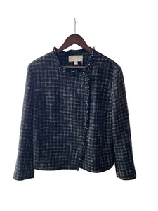 HUGO BOSS Women’s Jicara Tweed Frayed Black Navy Snap Cotton Blazer Jacket US 14 - Picture 1 of 6