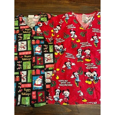 Scrub Tops XS Bundle of 2 Disney Holiday Scrub Christmas Print Nurse Uniform - Image 1 of 4