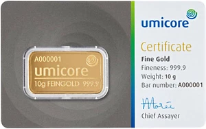 Umicore lingotti d'oro 10 grammi in blister con certificato oro fino 999.9 - Foto 1 di 6