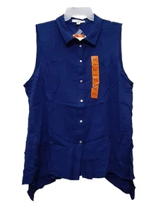 Fever plus XXL 2XL Women's Sleeveless Collared Vest Button Blouse Shirt Top Blue - Picture 1 of 9