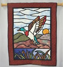 Vtg Quilted Wall Hanging Tapestry Flying Mallard Duck Stained Glass Style 29x37