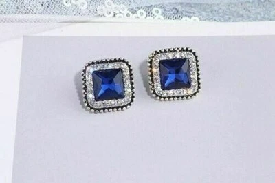 2Ct Princess Cut Simulated Sapphire Stud Earrings 14K  White Gold Plated - Imagem 1 de 4