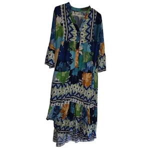 Women's Geometric Pattern 3/4" Bell Sleeve Colorful Tiered Dress XL SEE MEASURE - Picture 1 of 10