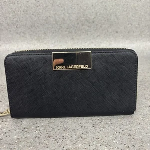 Karl Largerfeld Purse Womens Black Gold Zip Around Card Coin Wallet - Picture 1 of 4