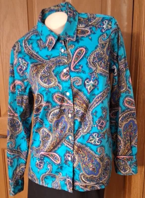 Talbot's синий блузка пейсли дизайн воротник кнопки длинные рукава мисс M - Изображение 1 из 4