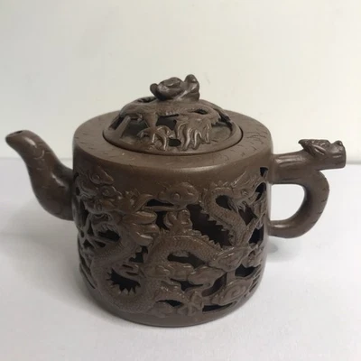 Chinese Yixing Clay Small Teapot Dragons Pierced Decoration 10cm High — 第 1/4 张图片