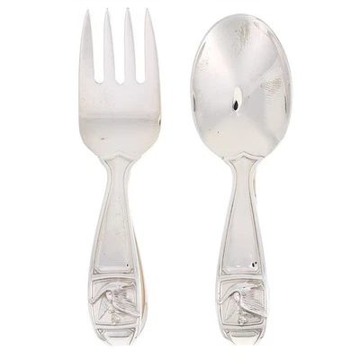 New Sterling Silver Tiffany Mother Goose Bent Handle Baby Feeding Spoon Fork Set - Image 1 of 4
