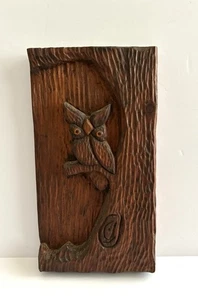 Vtg MCM Owl In Tree Hand Carved Wood Wall Hanging Decor Plaque Glass Eyes 11.25” - Picture 1 of 11
