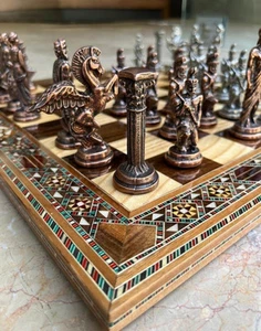 Schachspiel x groß Pegasus antik Schachfiguren geschnitzt massiv Schachbrett,... - Bild 1 von 11
