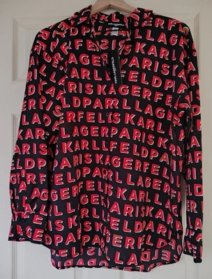 Karl Lagerfeld Paris Logo Print Blouse Medium Sheer Button Shirt Red Black M - Image 1 of 4