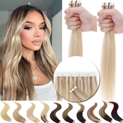 Cinta gruesa real en extensiones de cabello humano Remy trama de piel cabeza completa venta caliente EE. UU. Foto 1 de 4